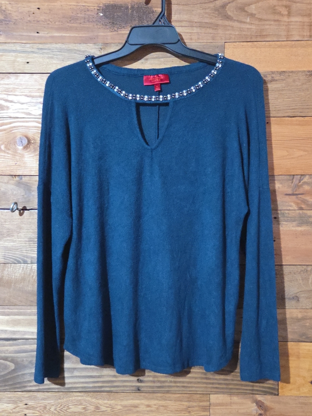 Embellished Jewel Neck Soft Knit Sweater Top Keyhole Blue Long Sleeve XL